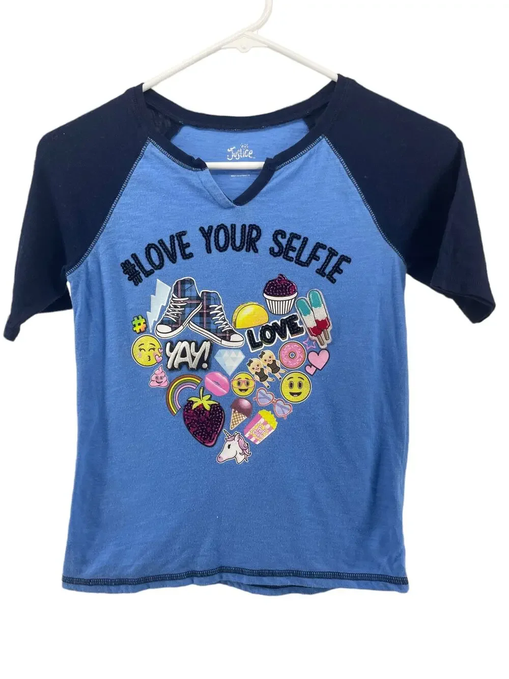 Justice Girls' Blue Graphic Short Sleeve Baseball Emoji Selfie Top Youth Size 10
